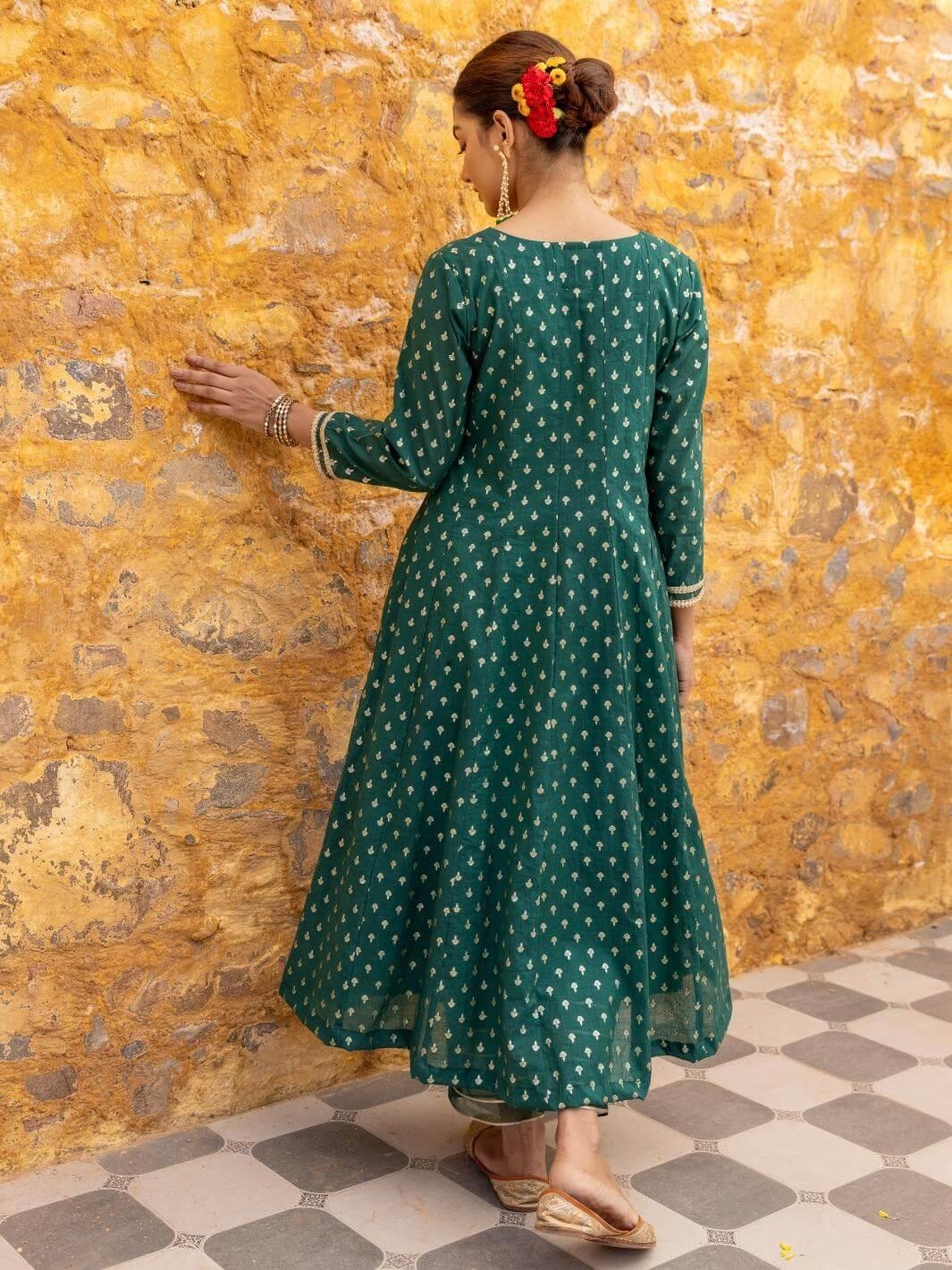 Emerald Green Chanderi Anarkali Set with Organza Dupatta - Myaara