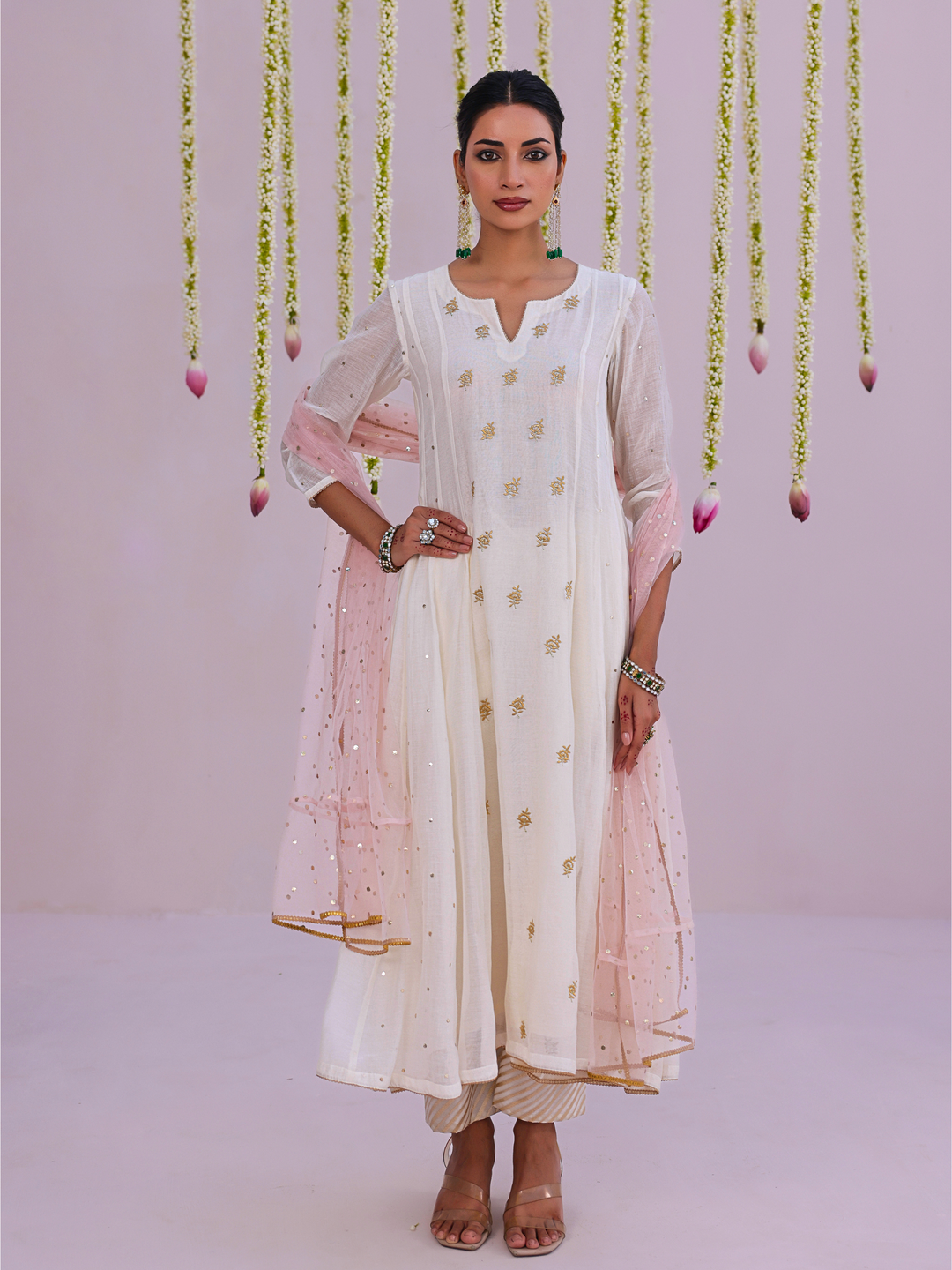Ivory Anarkali Set with Embroidered Bootis