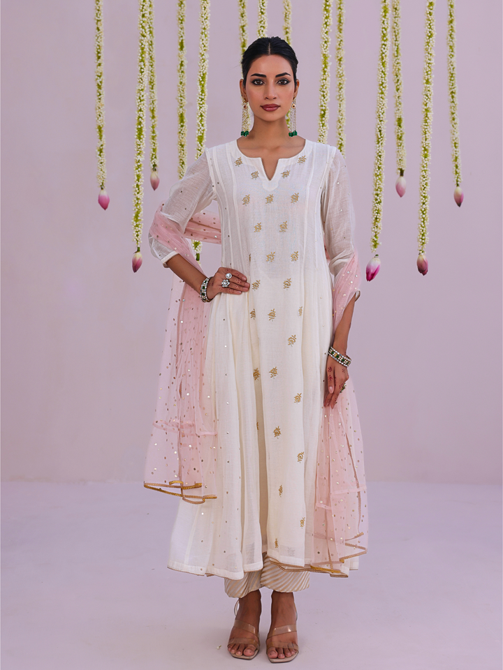 Ivory Anarkali Set with Embroidered Bootis
