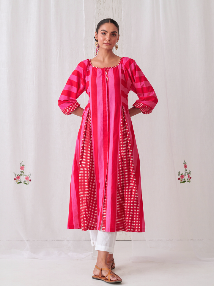 Pink & Red Striped  Box Pleat Inserts Kurta Paired With Straight White Pants