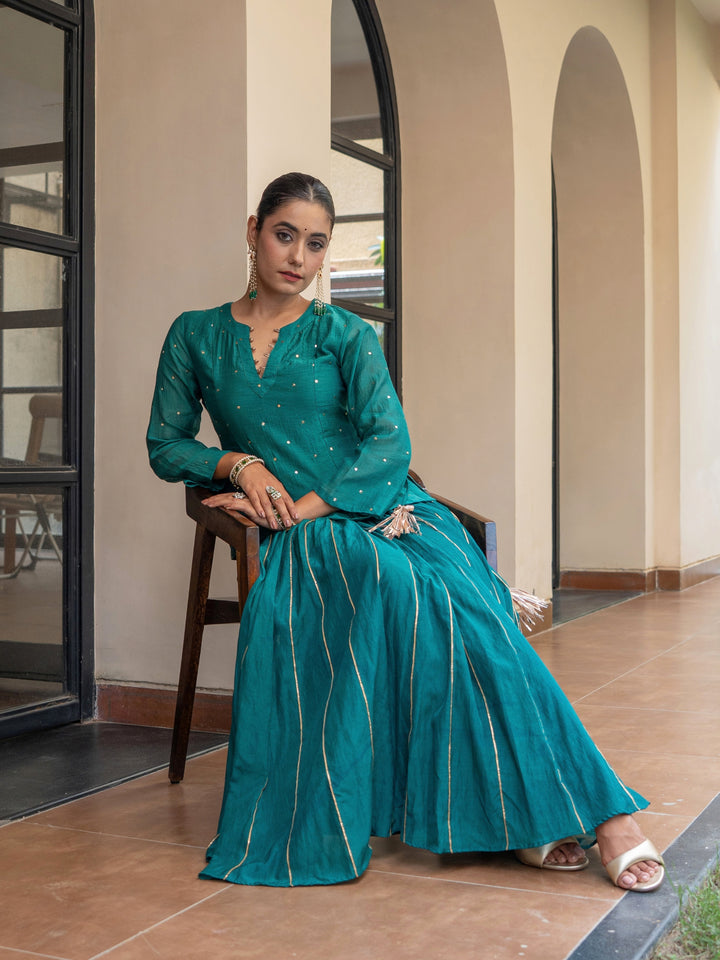 Green Skirt Set - Chanderi Top With Mukeish Work Paired With Gota Detailed Matching Skirt