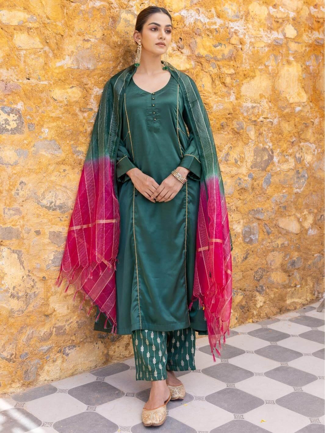 Forest Green Satin A-Line Kurta Set with Ombre Dupatta - Myaara