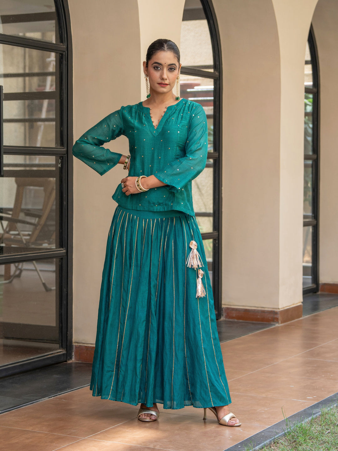 Green Skirt Set - Chanderi Top With Mukeish Work Paired With Gota Detailed Matching Skirt