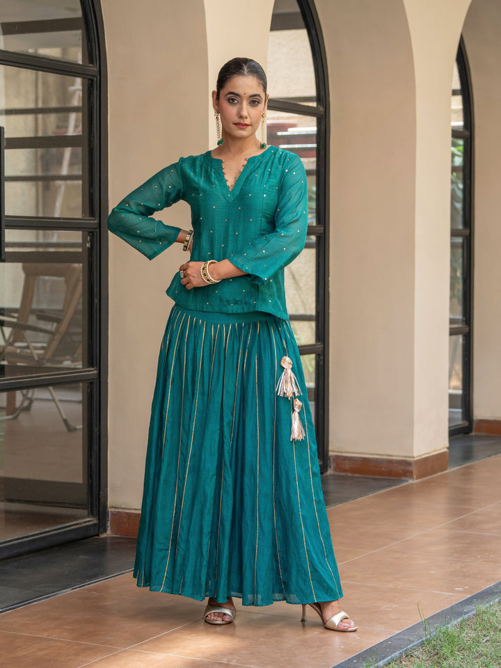 Green Skirt Set - Chanderi Top With Mukeish Work Paired With Gota Detailed Matching Skirt