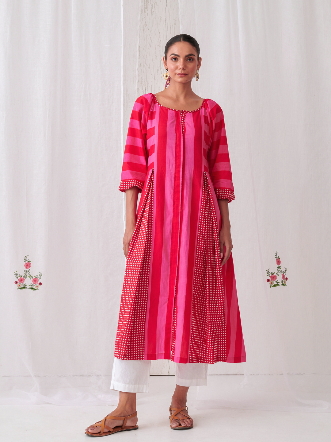 Pink & Red Striped  Box Pleat Inserts Kurta Paired With Straight White Pants