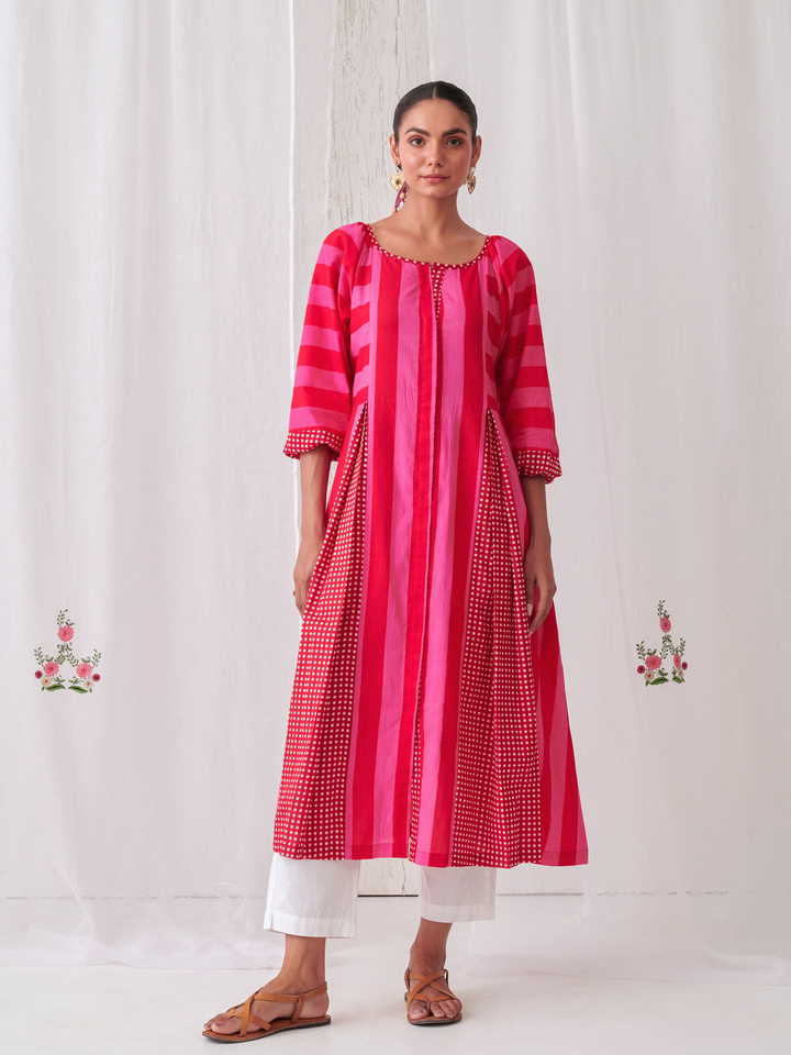 Pink & Red Striped  Box Pleat Inserts Kurta Paired With Straight White Pants