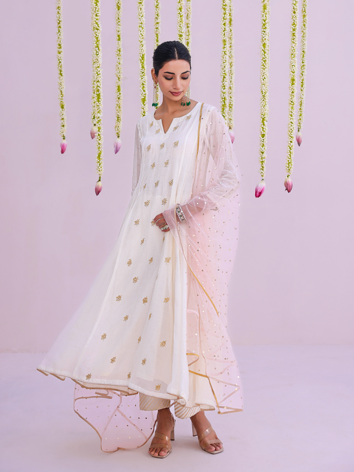 Ivory Anarkali Set with Embroidered Bootis