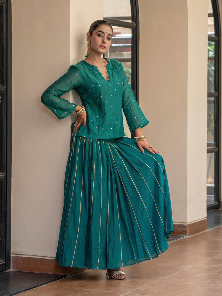 Green Skirt Set - Chanderi Top With Mukeish Work Paired With Gota Detailed Matching Skirt