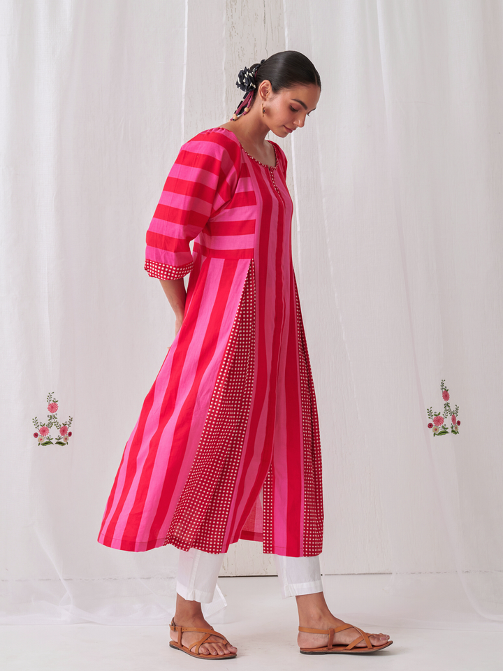 Pink & Red Striped  Box Pleat Inserts Kurta Paired With Straight White Pants