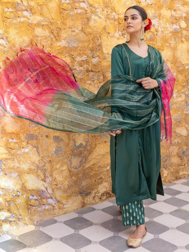 Forest Green Satin A-Line Kurta Set with Ombre Dupatta - Myaara