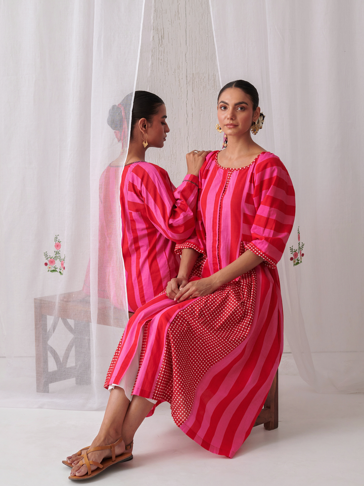 Pink & Red Striped  Box Pleat Inserts Kurta Paired With Straight White Pants