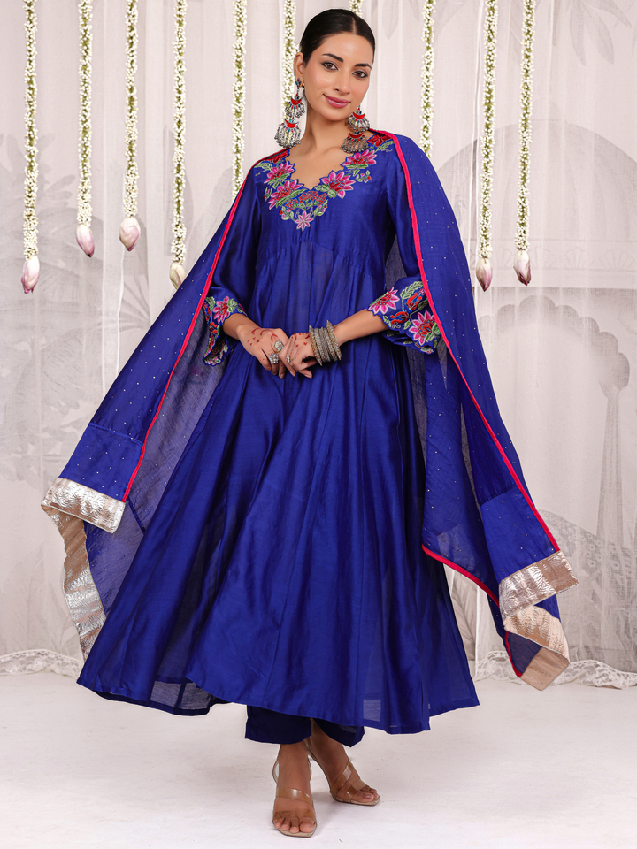 Royal Blue Anarkali With Floral Embroidery Neckline & Sleeve Details