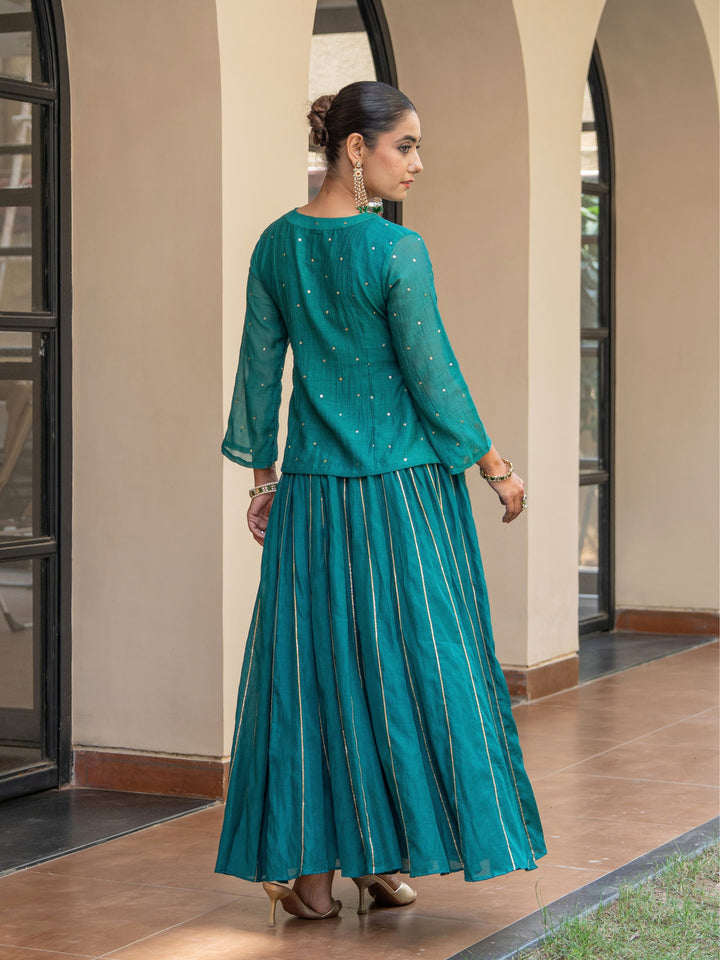 Green Skirt Set - Chanderi Top With Mukeish Work Paired With Gota Detailed Matching Skirt
