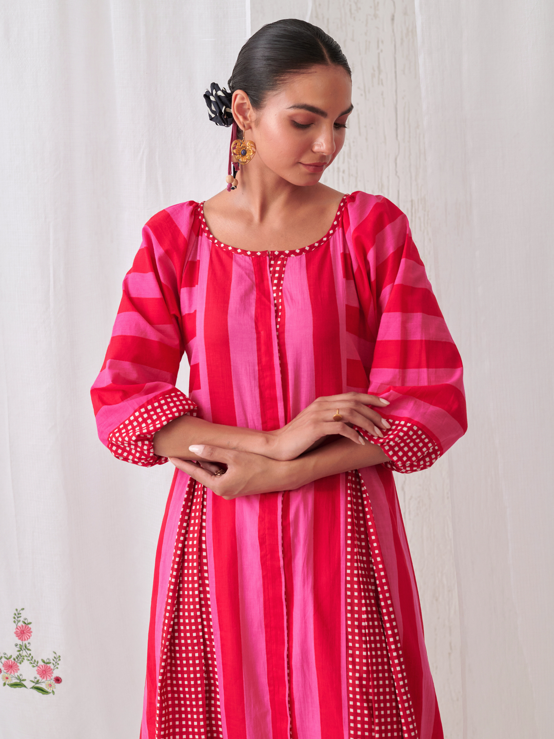 Pink & Red Striped  Box Pleat Inserts Kurta Paired With Straight White Pants