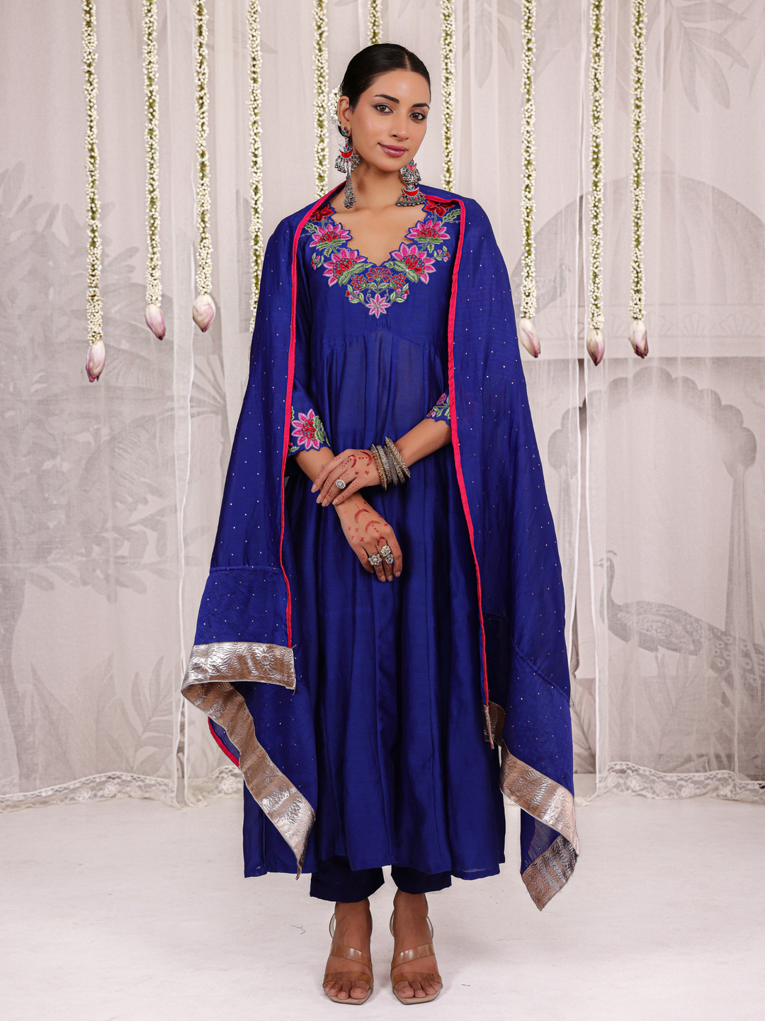 Royal Blue Anarkali With Floral Embroidery Neckline & Sleeve Details