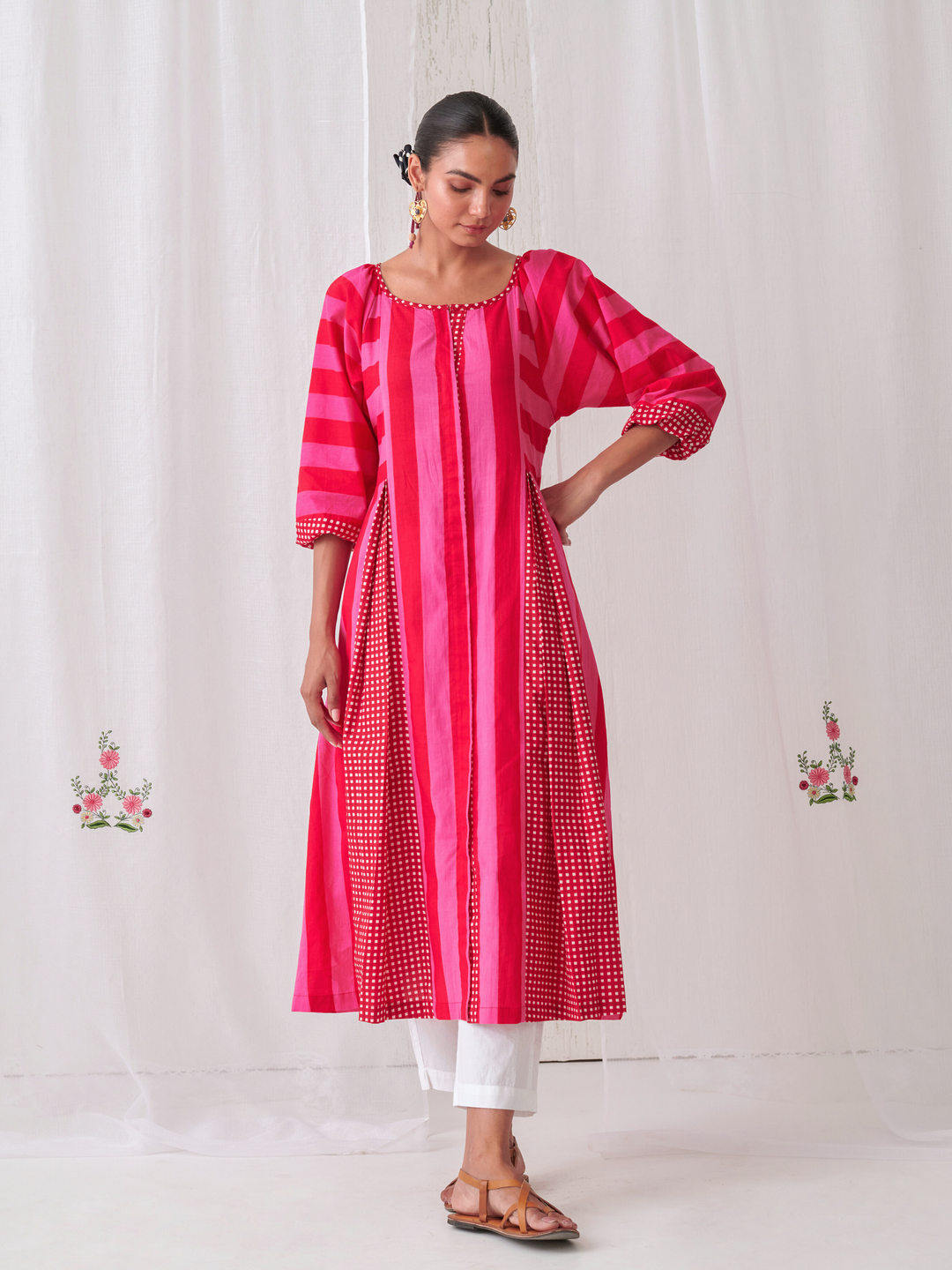 Pink & Red Striped  Box Pleat Inserts Kurta Paired With Straight White Pants