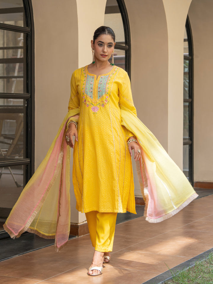 Yellow A-Line Embroidered Kurta Paired With Matching Pants & Ombre Dupatta
