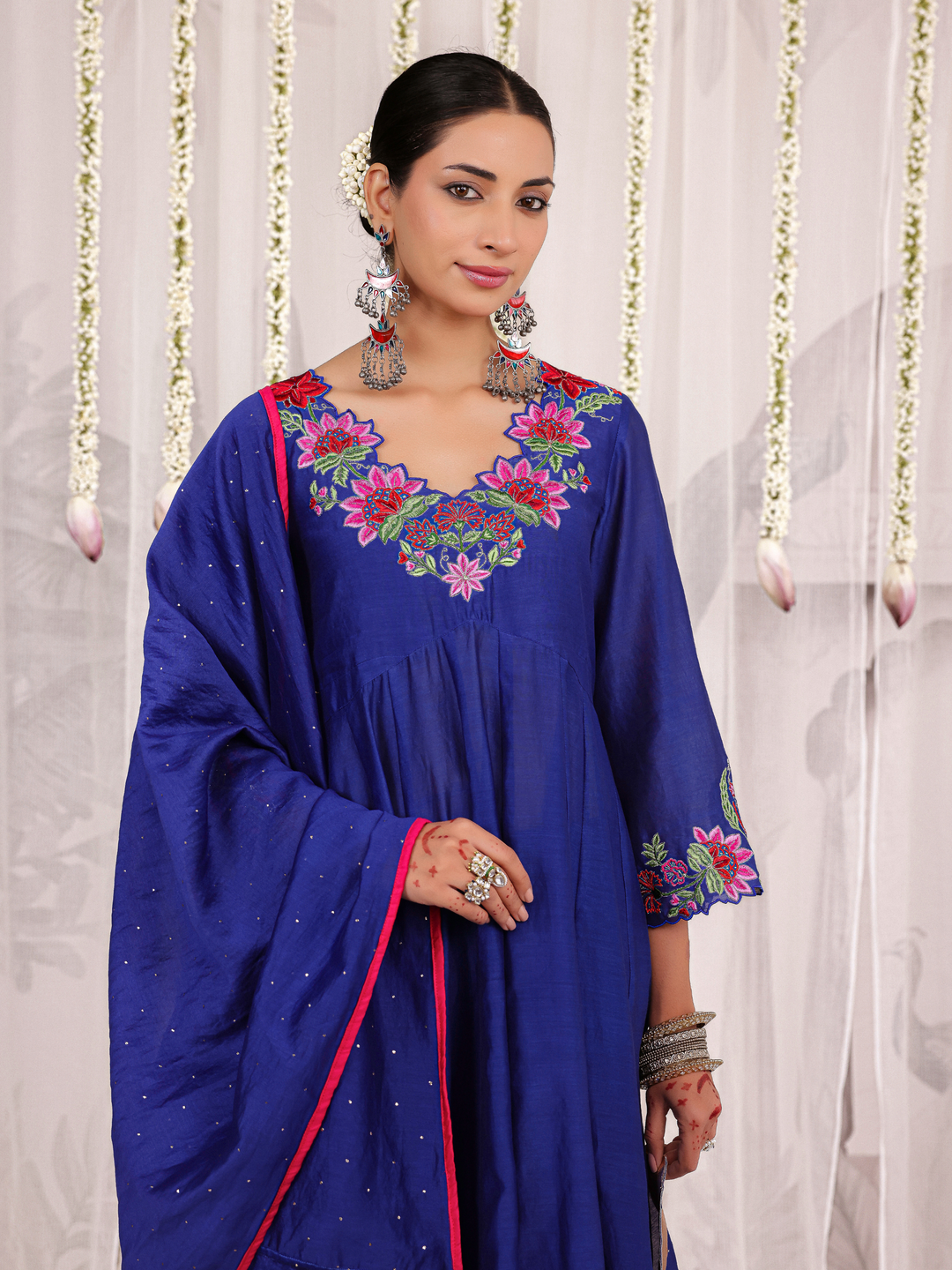 Royal Blue Anarkali With Floral Embroidery Neckline & Sleeve Details