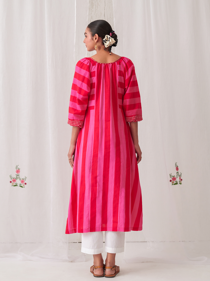 Pink & Red Striped  Box Pleat Inserts Kurta Paired With Straight White Pants