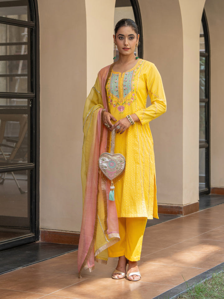 Yellow A-Line Embroidered Kurta Paired With Matching Pants & Ombre Dupatta
