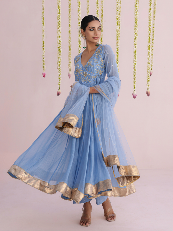 Dusty Blue Angarakha With Embroidered Yoke