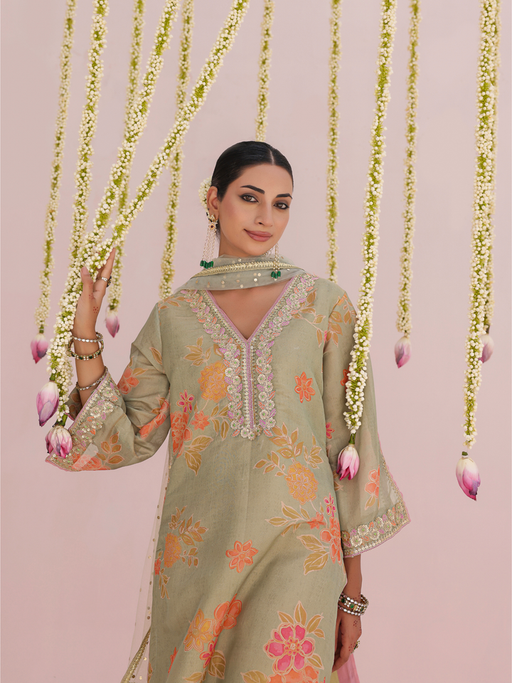 Mint Kurta Set With Floral Print & Embroidered Neckline