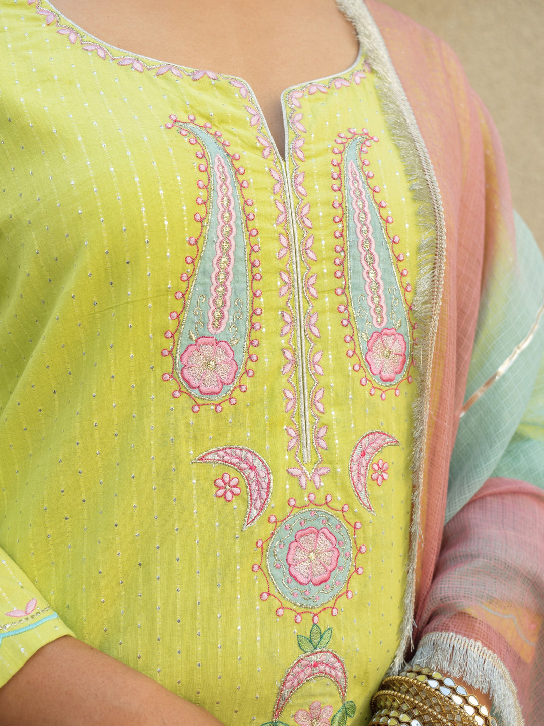 Lime Green Short Embroidered Kurta Paired With Farshi & Ombre Dupatta