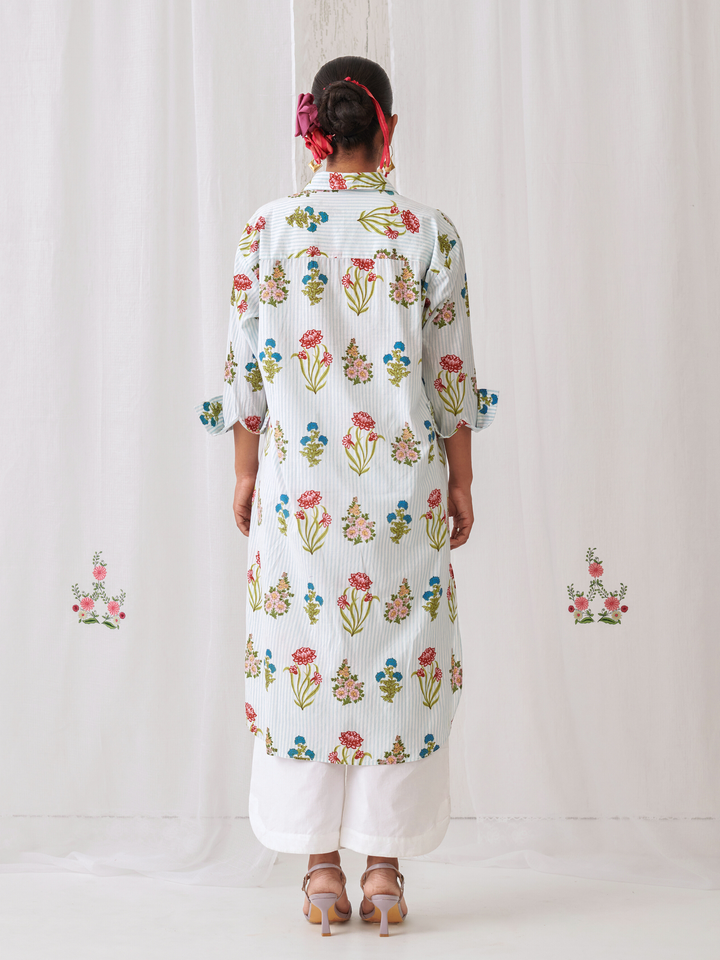 Aqua Floral Shirt Style Kurta Paired With Curved  Hem White Pants