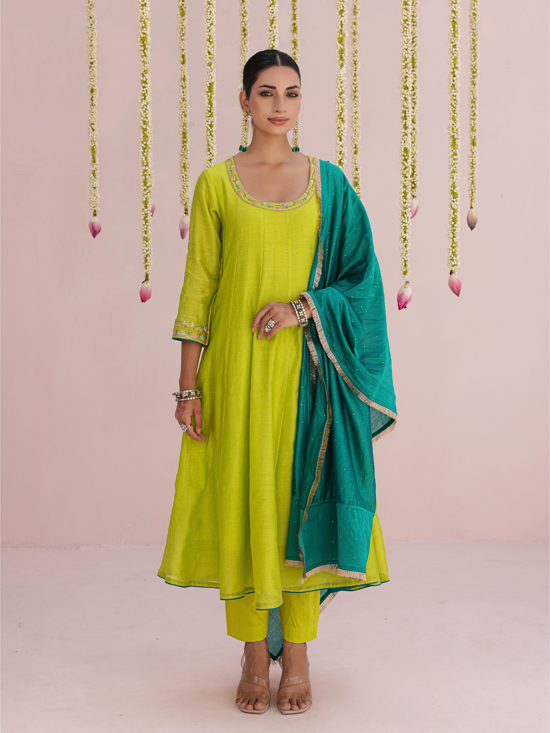 Lemon Anarkali Set With Floral Embroidery Details
