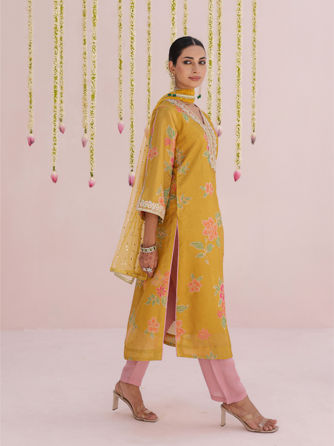 Mustard Kurta Set With Floral Print & Embroidered Neckline