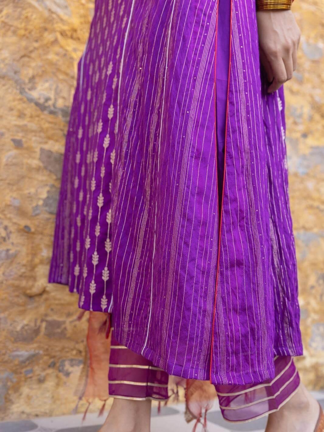 Purple Embroidered Zari A-Line Kurta Set with Organza Dupatta - Myaara