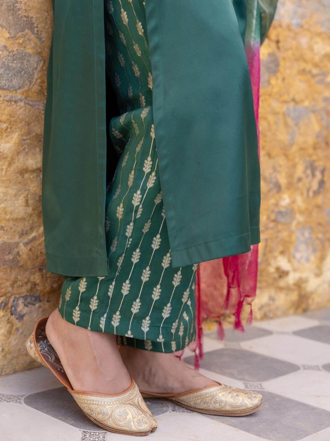 Forest Green Satin A-Line Kurta Set with Ombre Dupatta - Myaara