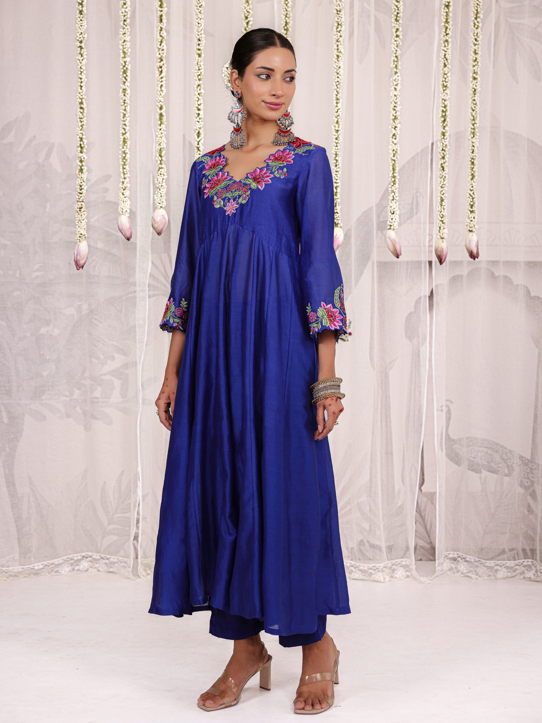 Royal Blue Anarkali With Floral Embroidery Neckline & Sleeve Details