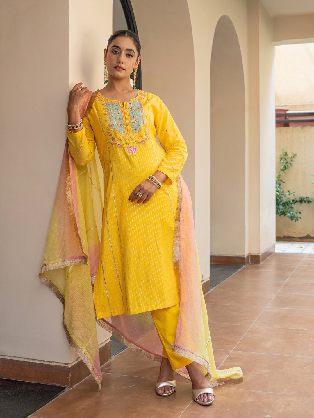 Yellow A-Line Embroidered Kurta Paired With Matching Pants & Ombre Dupatta