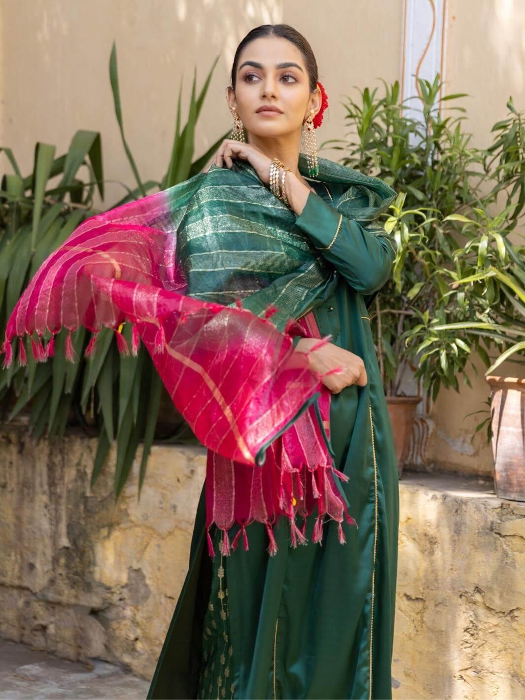 Forest Green Satin A-Line Kurta Set with Ombre Dupatta - Myaara