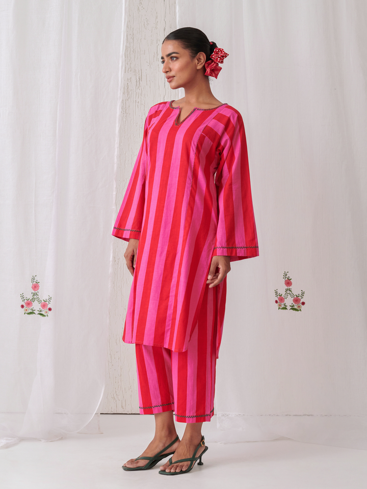 Pink & Red Stripes Short Phiran Kurta Paired With Matching Pants