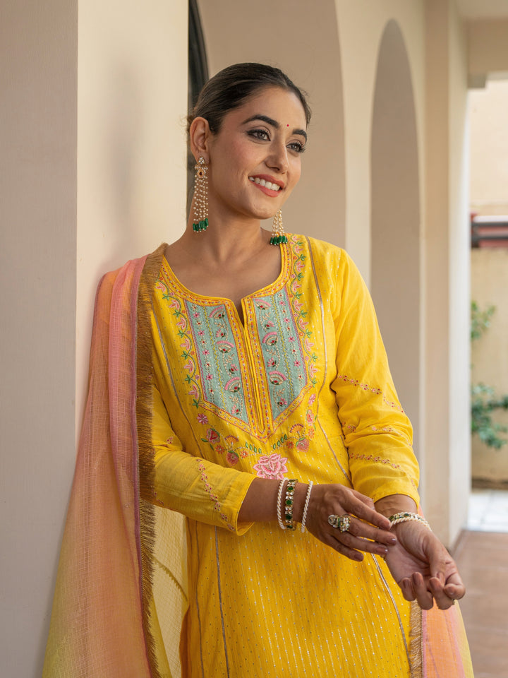 Yellow A-Line Embroidered Kurta Paired With Matching Pants & Ombre Dupatta