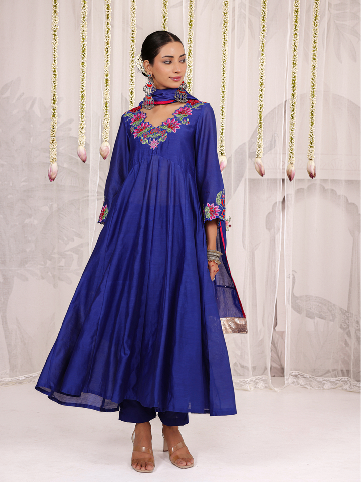 Royal Blue Anarkali With Floral Embroidery Neckline & Sleeve Details