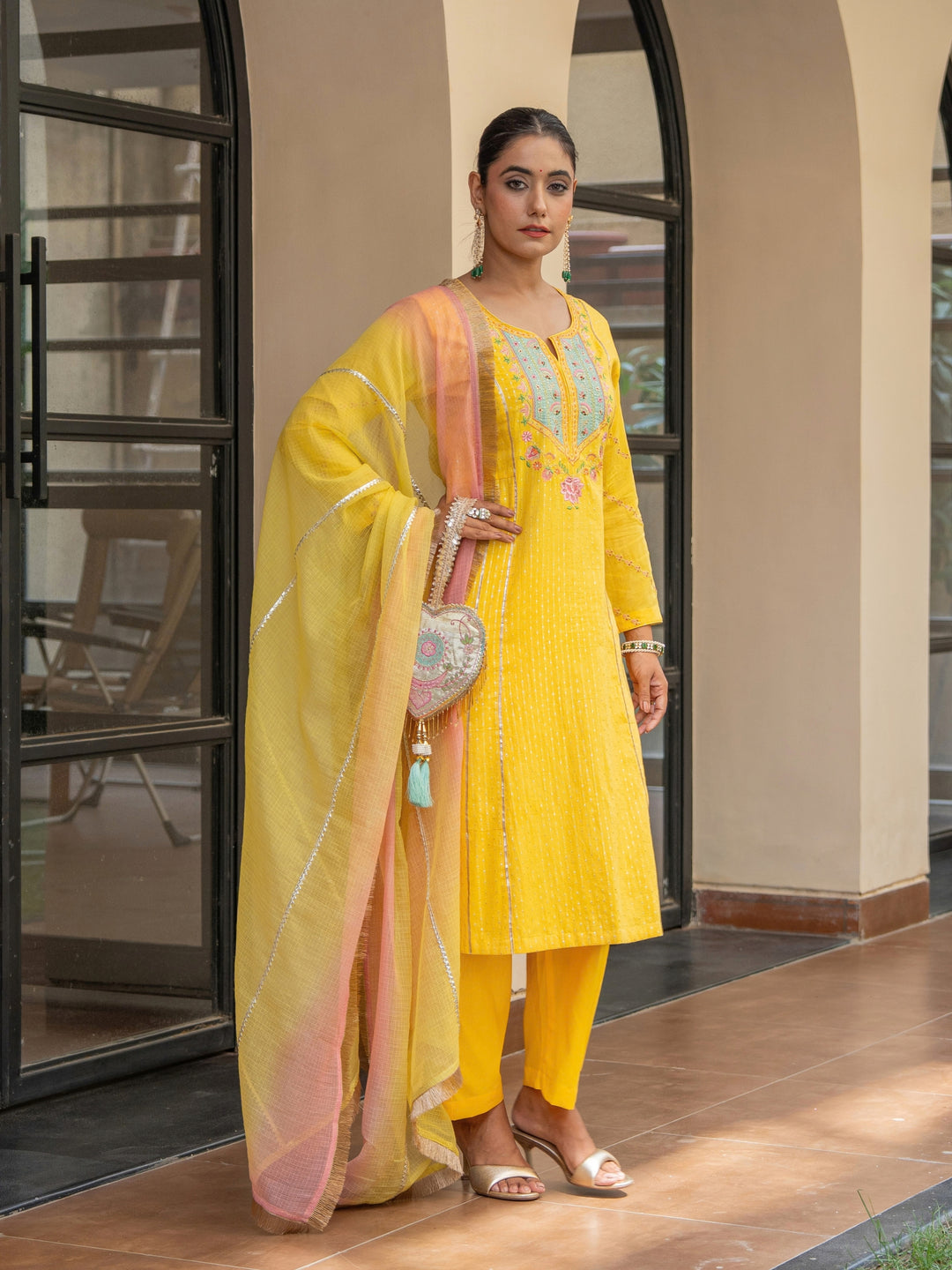 Yellow A-Line Embroidered Kurta Paired With Matching Pants & Ombre Dupatta