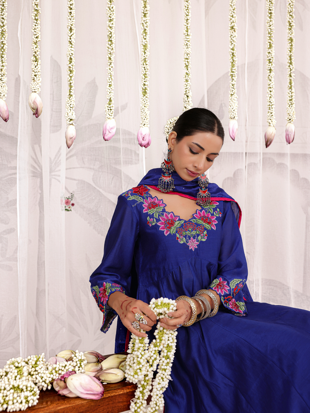 Royal Blue Anarkali With Floral Embroidery Neckline & Sleeve Details