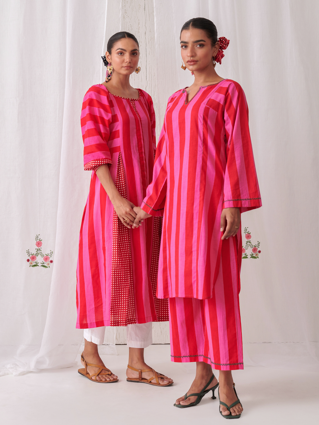 Pink & Red Stripes Short Phiran Kurta Paired With Matching Pants
