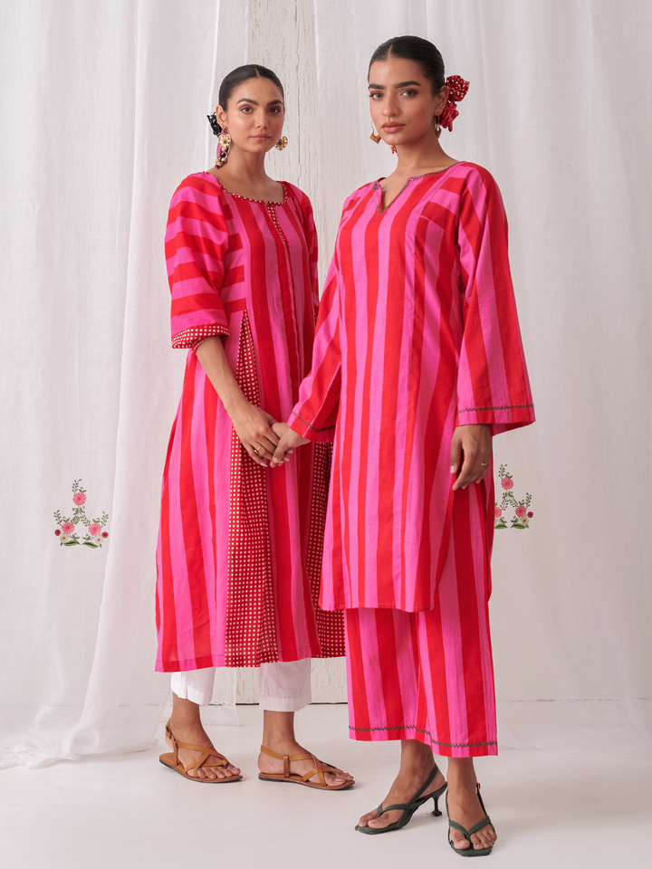 Pink & Red Stripes Short Phiran Kurta Paired With Matching Pants