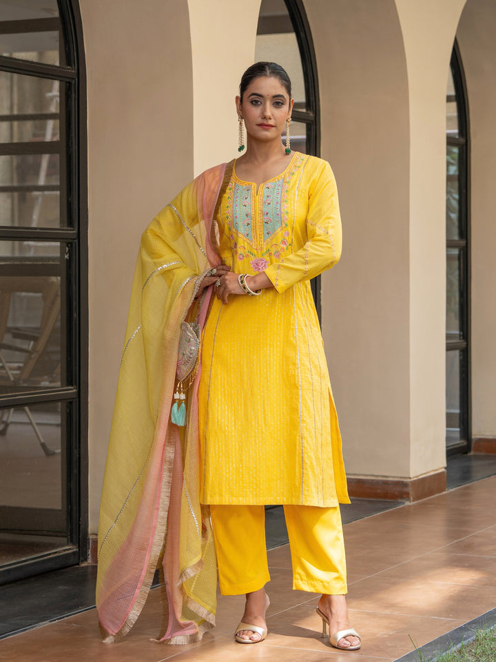 Yellow A-Line Embroidered Kurta Paired With Matching Pants & Ombre Dupatta