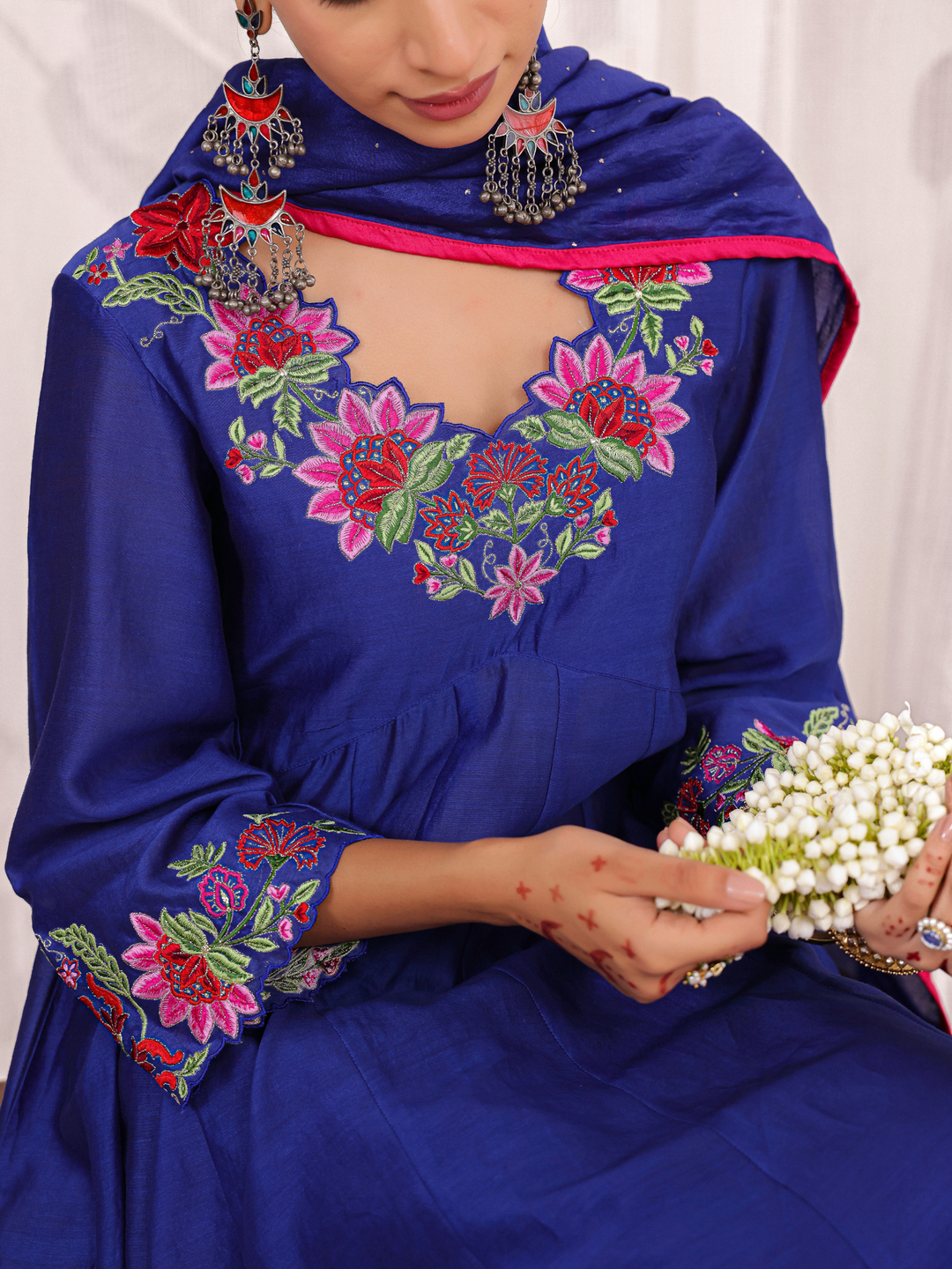 Royal Blue Anarkali With Floral Embroidery Neckline & Sleeve Details
