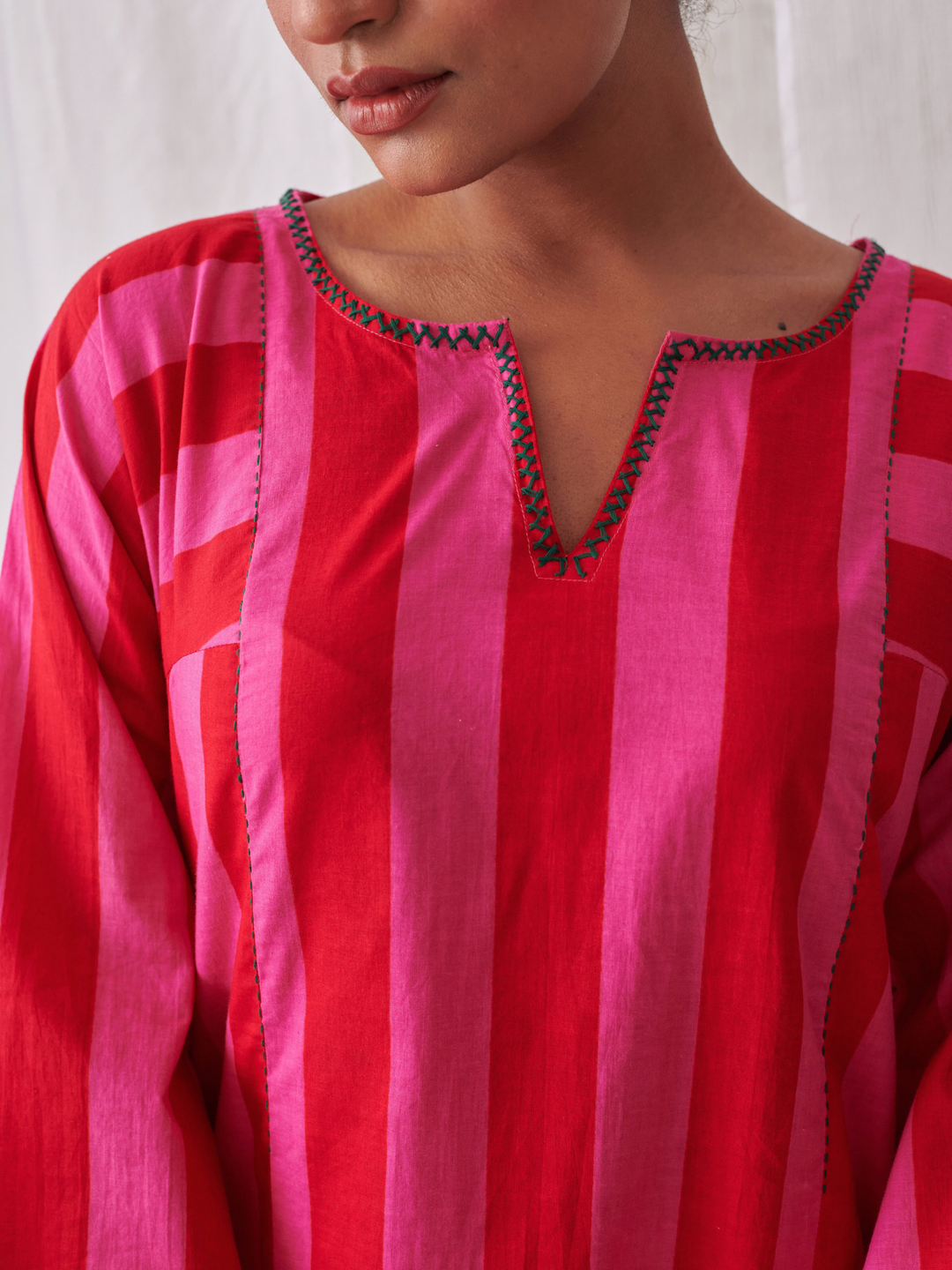 Pink & Red Stripes Short Phiran Kurta Paired With Matching Pants