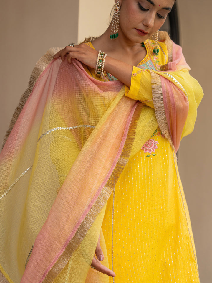 Yellow A-Line Embroidered Kurta Paired With Matching Pants & Ombre Dupatta