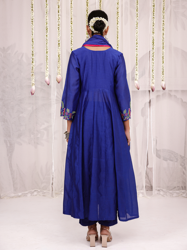 Royal Blue Anarkali With Floral Embroidery Neckline & Sleeve Details