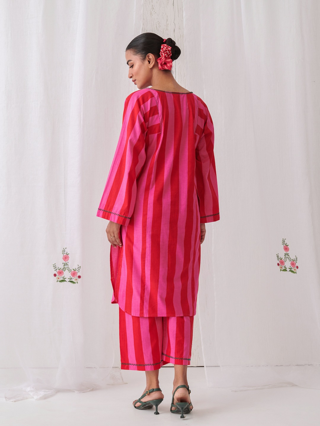 Pink & Red Stripes Short Phiran Kurta Paired With Matching Pants