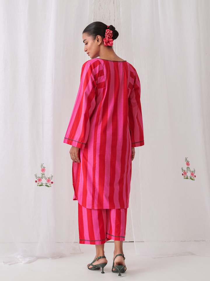 Pink & Red Stripes Short Phiran Kurta Paired With Matching Pants