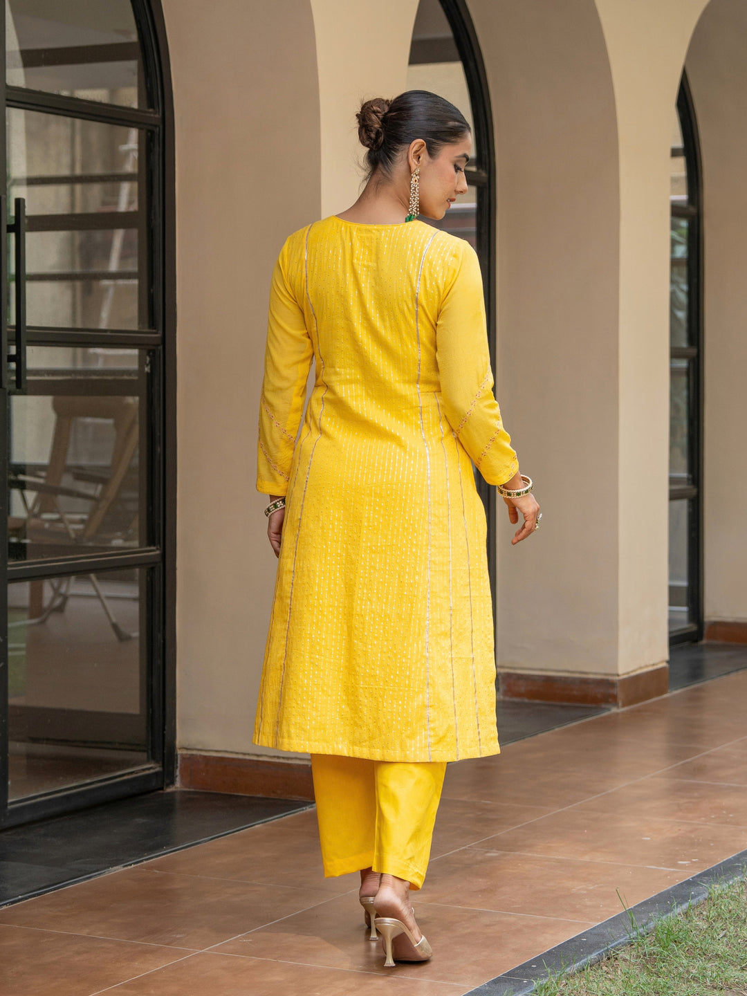 Yellow A-Line Embroidered Kurta Paired With Matching Pants & Ombre Dupatta